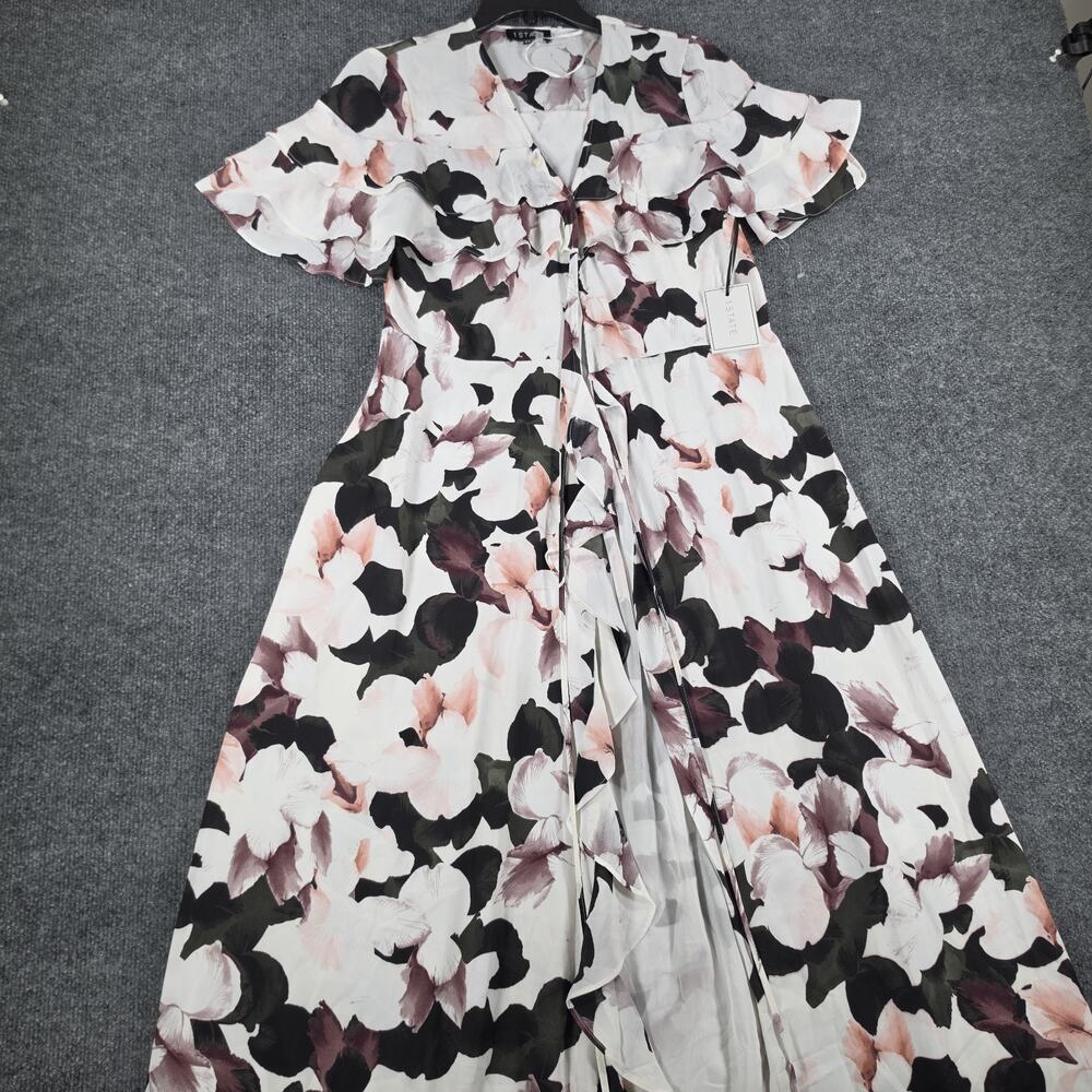 1.STATE Women's XS Floral Ruffle Maxi Dress Front Slit Short Sleeve Ivory